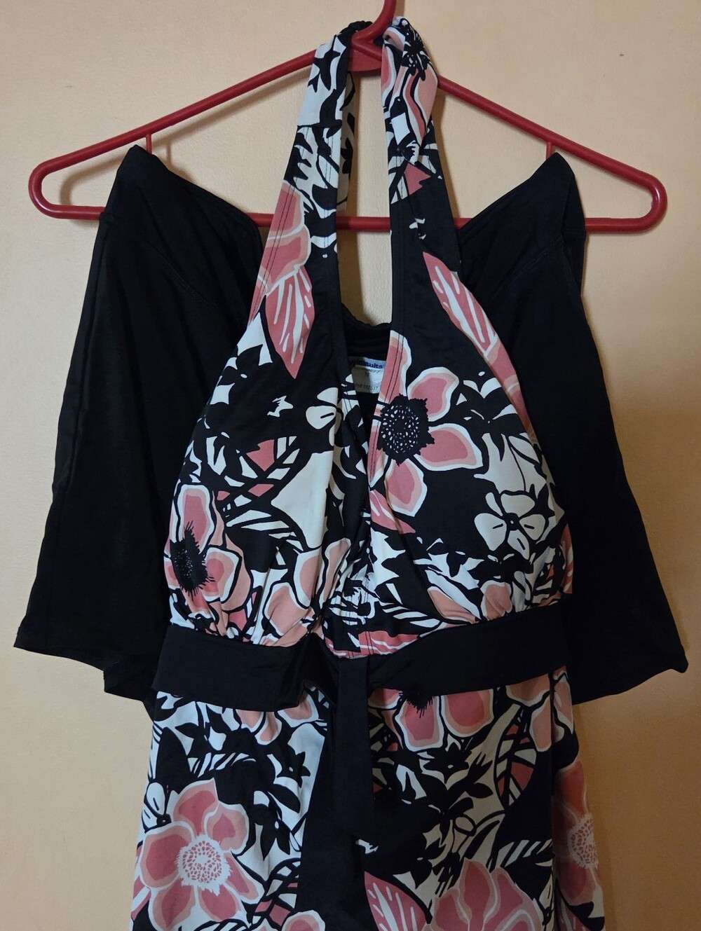 Shore Club Swimsuit Tankini Set- Black & Coral Print